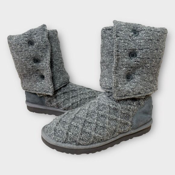 UGG Knit Boots Womens 7 Cardy Tall Sock Sweater Gray Lattice Australia Wool - Picture 2 of 13
